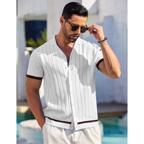 Men's White Short Sleeve Knit Shirt Casual Button Down Shirt Vintage Striped - Picture 4 of 6